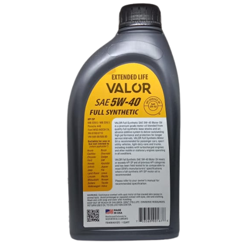 VAL-5W40-1 VALOR 5W-40 FULLY SYNTHETIC 1 U.S. QZ/ 946mL
