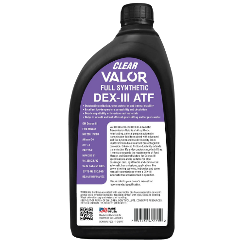 VAL-WHITE-1 VALOR ATF DEXIII WHITE (CLEAR) ELECTRONIC FULLY SYNTHETIC 1 U.S. QZ/ 946mL