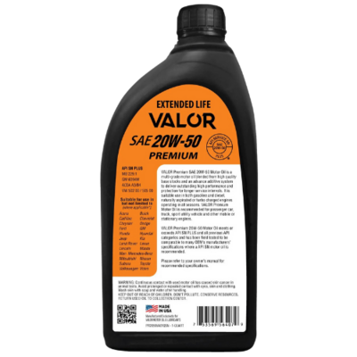 VAL-20W50-1 VALOR 20W-50 SYNTHETIC SN+ 1 U.S. QZ/ 946mL