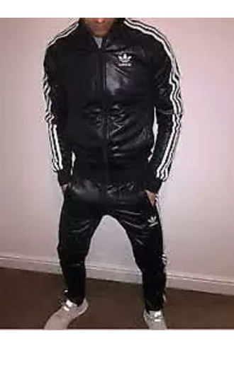 Men's Leather LambSkin Leather Black Tracksuit withThree White Stripe  Jogging Touser and Jacket