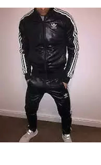Men&#39;s Leather LambSkin Leather Black Tracksuit withThree White Stripe Jogging Touser and Jacket