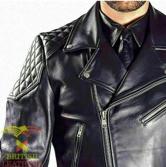 Mens Real Cowhide Bikers Jacket Quilted Panels Bikers Jacket BLUF Quilted Jacket