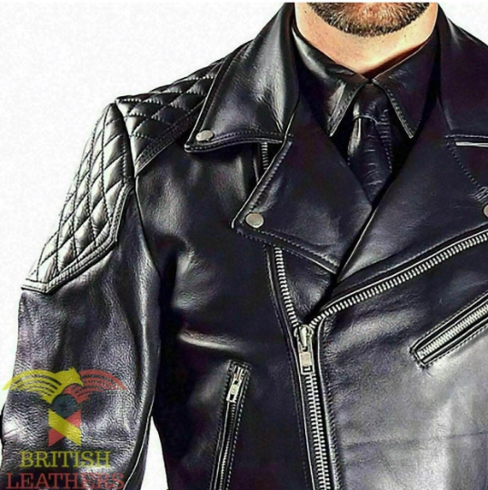 Mens Real Cowhide Bikers Jacket Quilted Panels Bikers Jacket BLUF Quilted  Jacket