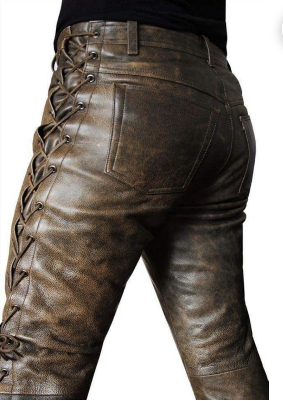 Men's Cowhide Leather Lederhosen Pant Trouser Brown Waxed Cuir Jean Bikers
