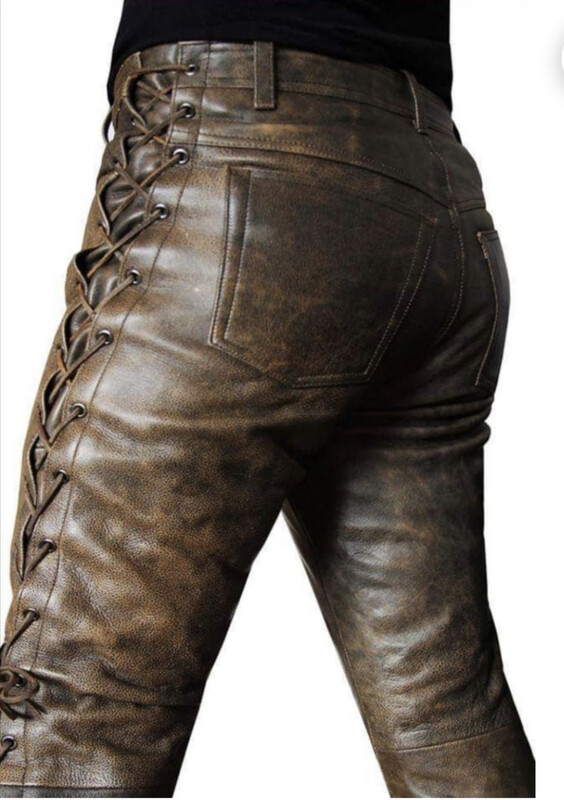 Men’s Cowhide Leather Lederhosen Pant Trouser Brown Waxed Cuir Jean Bikers