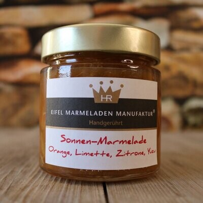 Sonnen-Marmelade Sonnenmarmelade aus Orange Limette Zitrone und Yuzu von der Eifel Marmeladen Manufaktur 255g