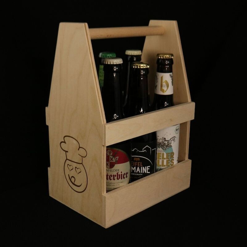 ProBier-Set im Träger - 6 besondere Eifelbiere Erlenholz Bierträger mit gebranntem Lecker-Eifel Logo mit 6 Eifelbieren