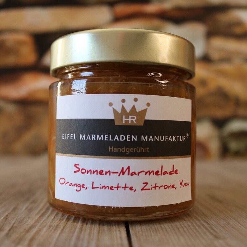 Sonnenmarmelade aus Orange Limette Zitrone und Yuzu von der Eifel Marmeladen Manufaktur 255g