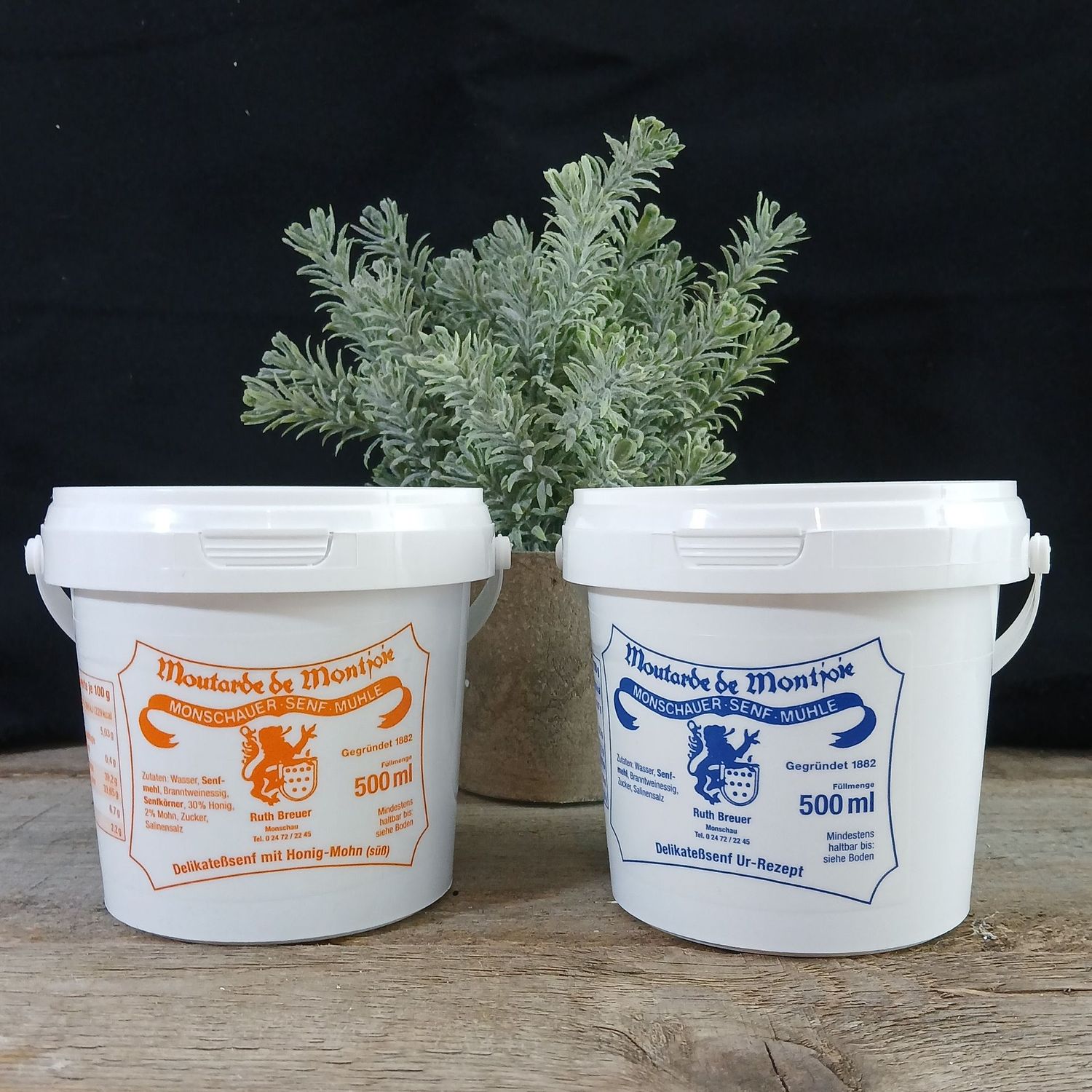 Nachfülleimer Ur-Senf und Honig-Mohn-Senf aus der Monschauer Senfmühle 500g