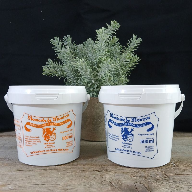 Nachfülleimer Ur-Senf/ Honig-Mohn-Senf (500ml) Nachfülleimer Ur-Senf und Honig-Mohn-Senf aus der Monschauer Senfmühle 500g