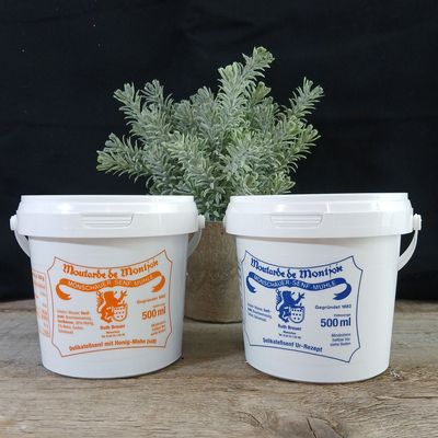 Nachfülleimer Ur-Senf und Honig-Mohn-Senf aus der Monschauer Senfmühle 500g