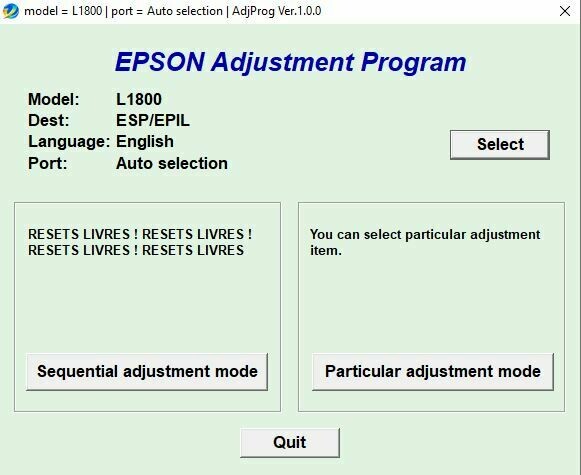 Reset EPSON L1800 L1300 Adjustment Program Resetter Waste pad counter reset