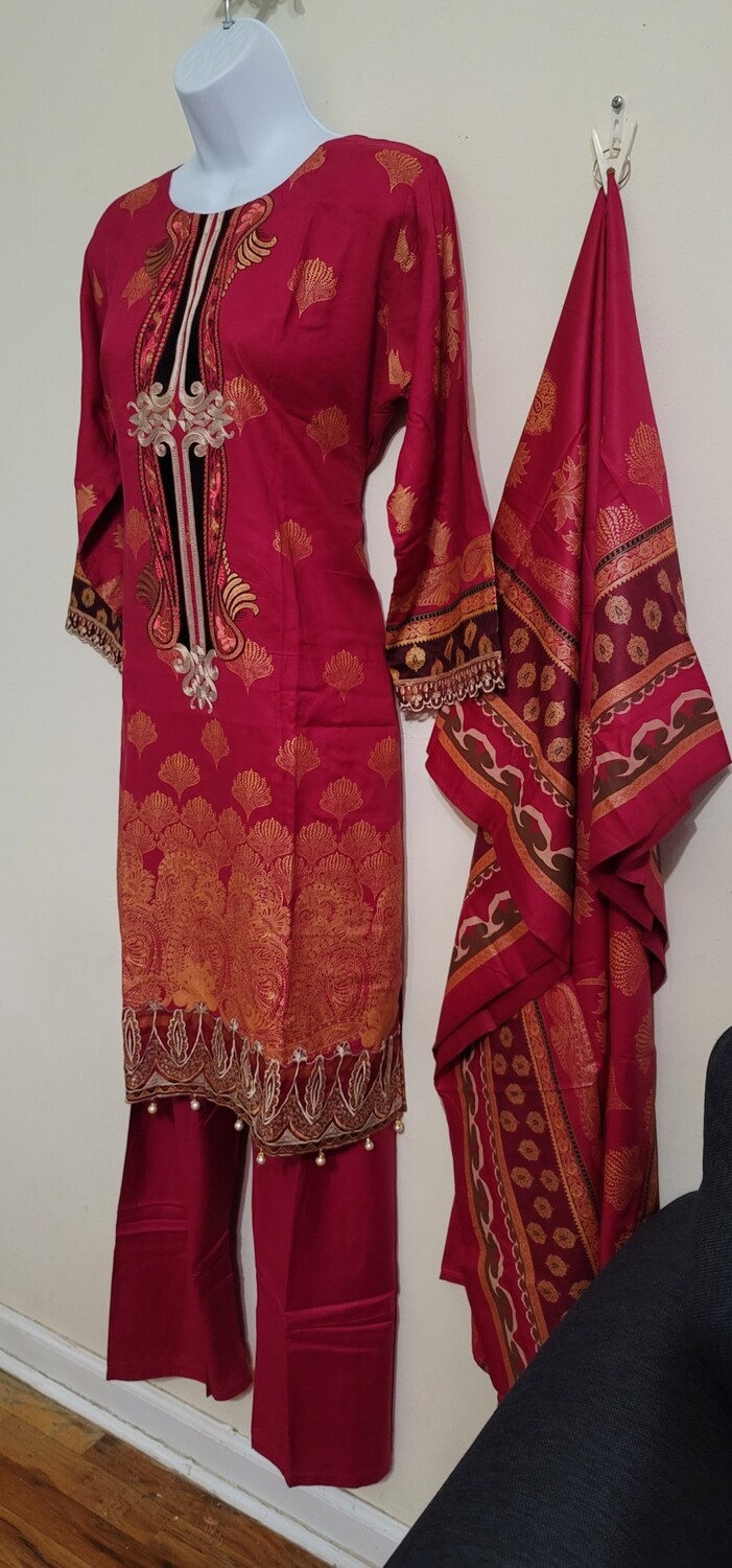 Red Linen Embroidered Suit