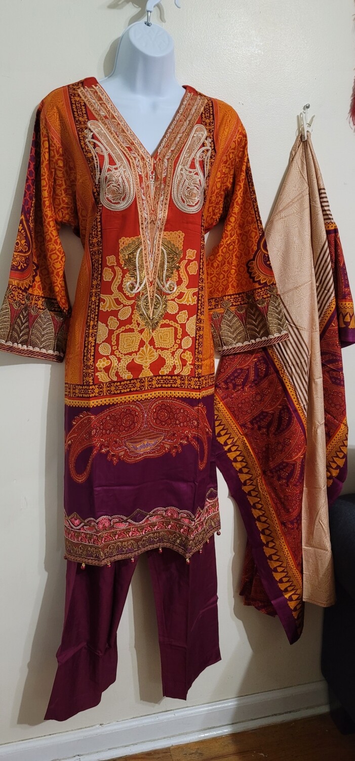 Rust- Linen Embroidered Suit