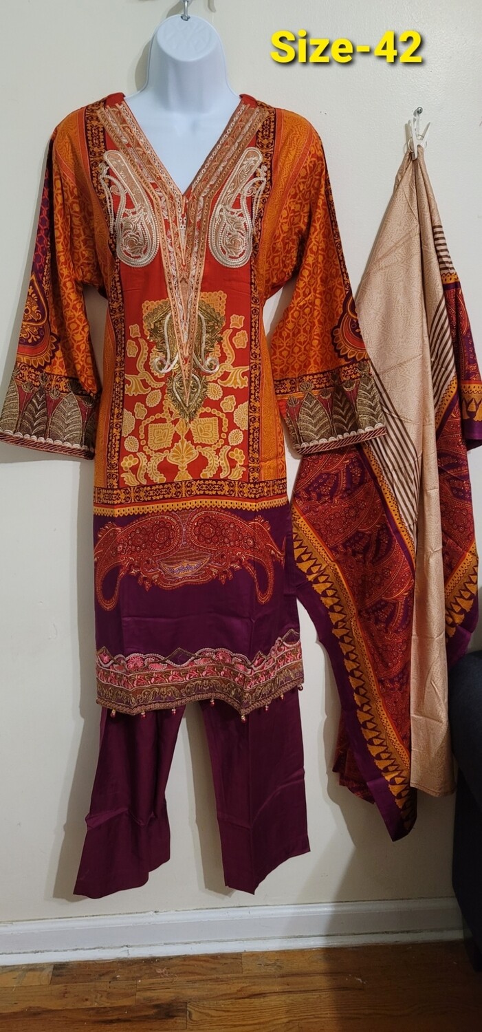 Rust- Linen Embroidered Suit