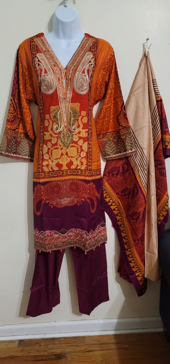 Rust- Linen Embroidered Suit