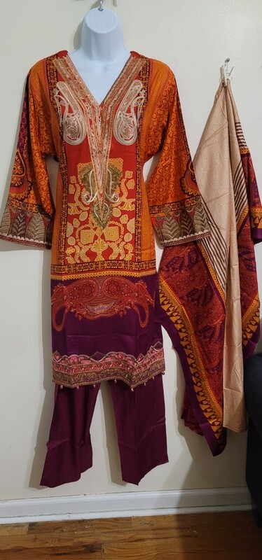 Rust- Linen Embroidered Suit