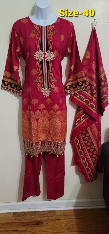 Red Linen Embroidered Suit