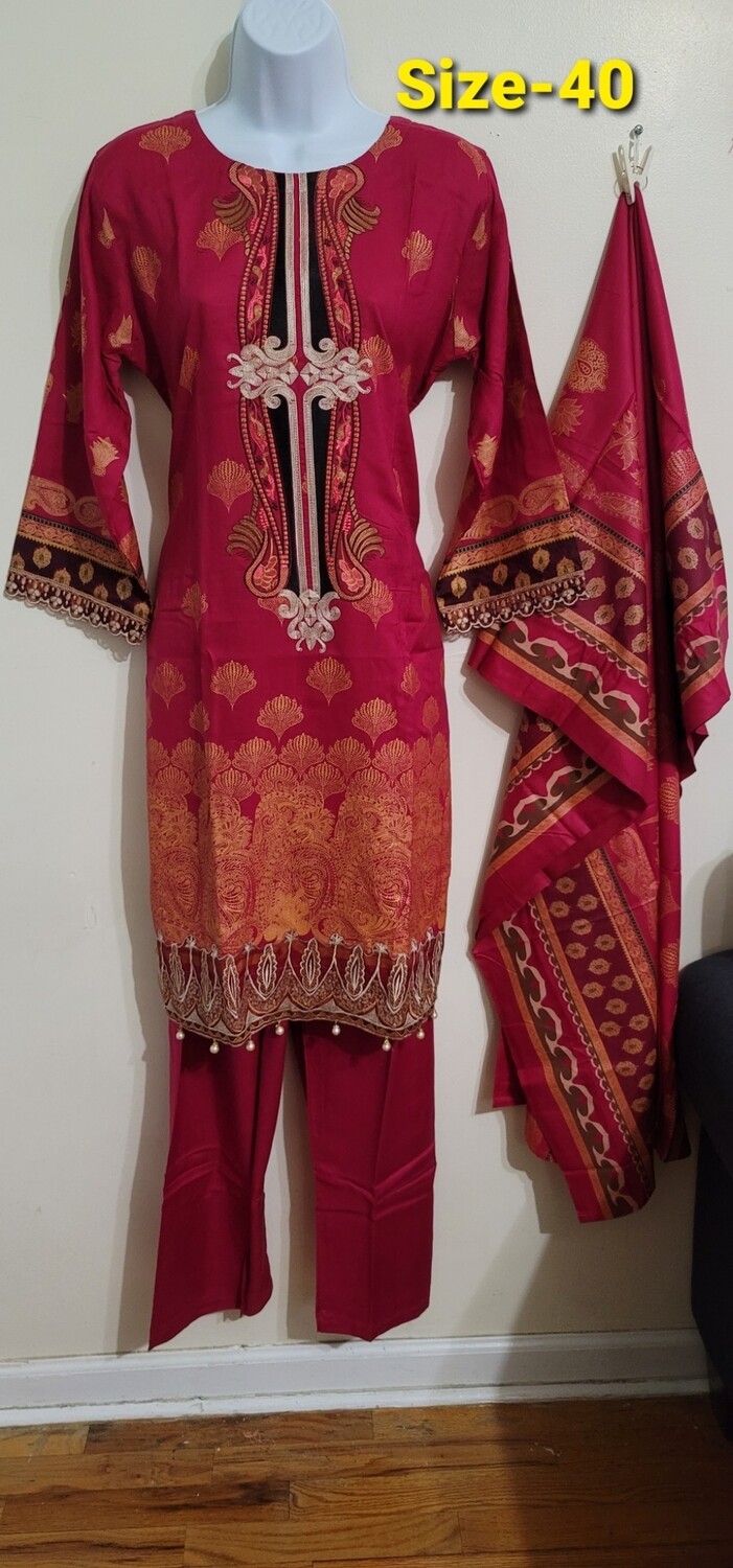 Red Linen Embroidered Suit