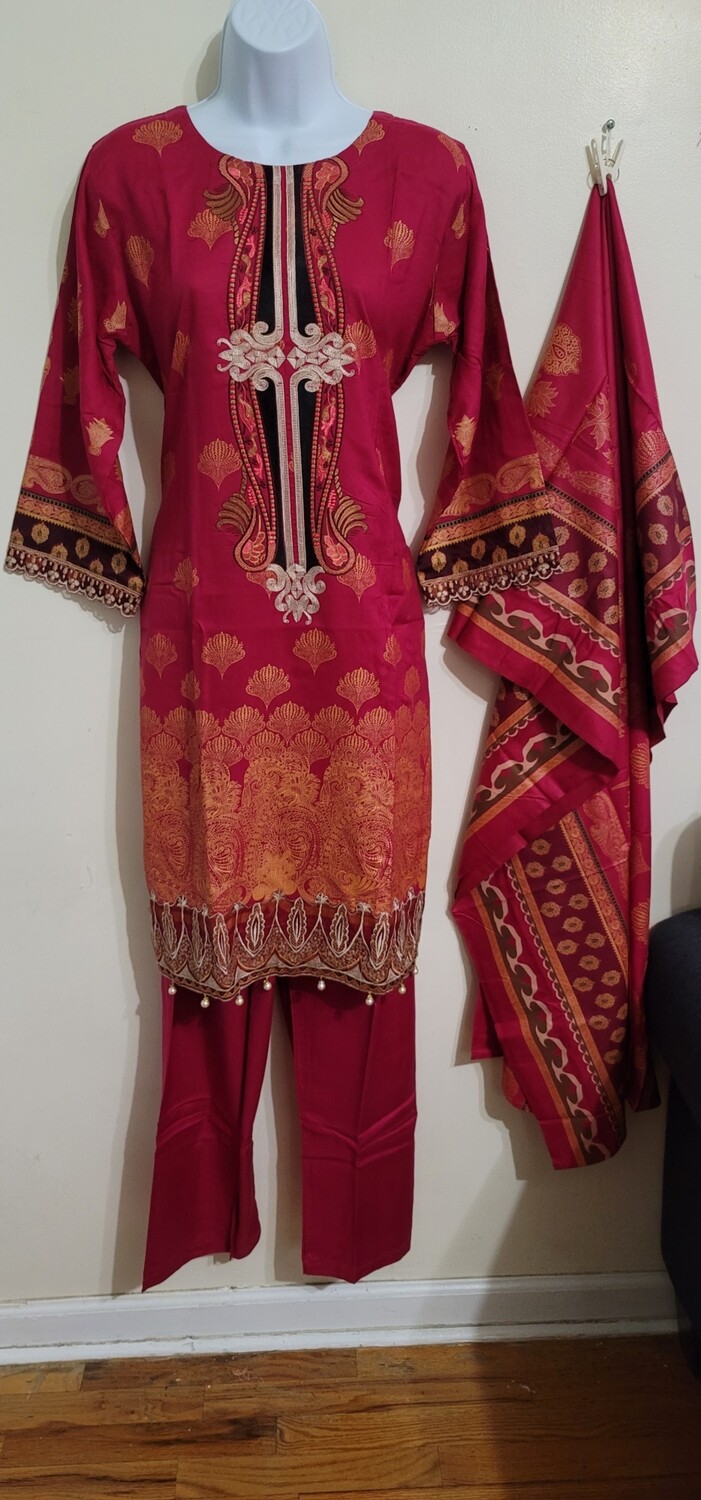 Red Linen Embroidered Suit