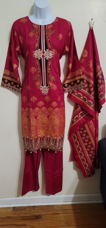 Red Linen Embroidered Suit