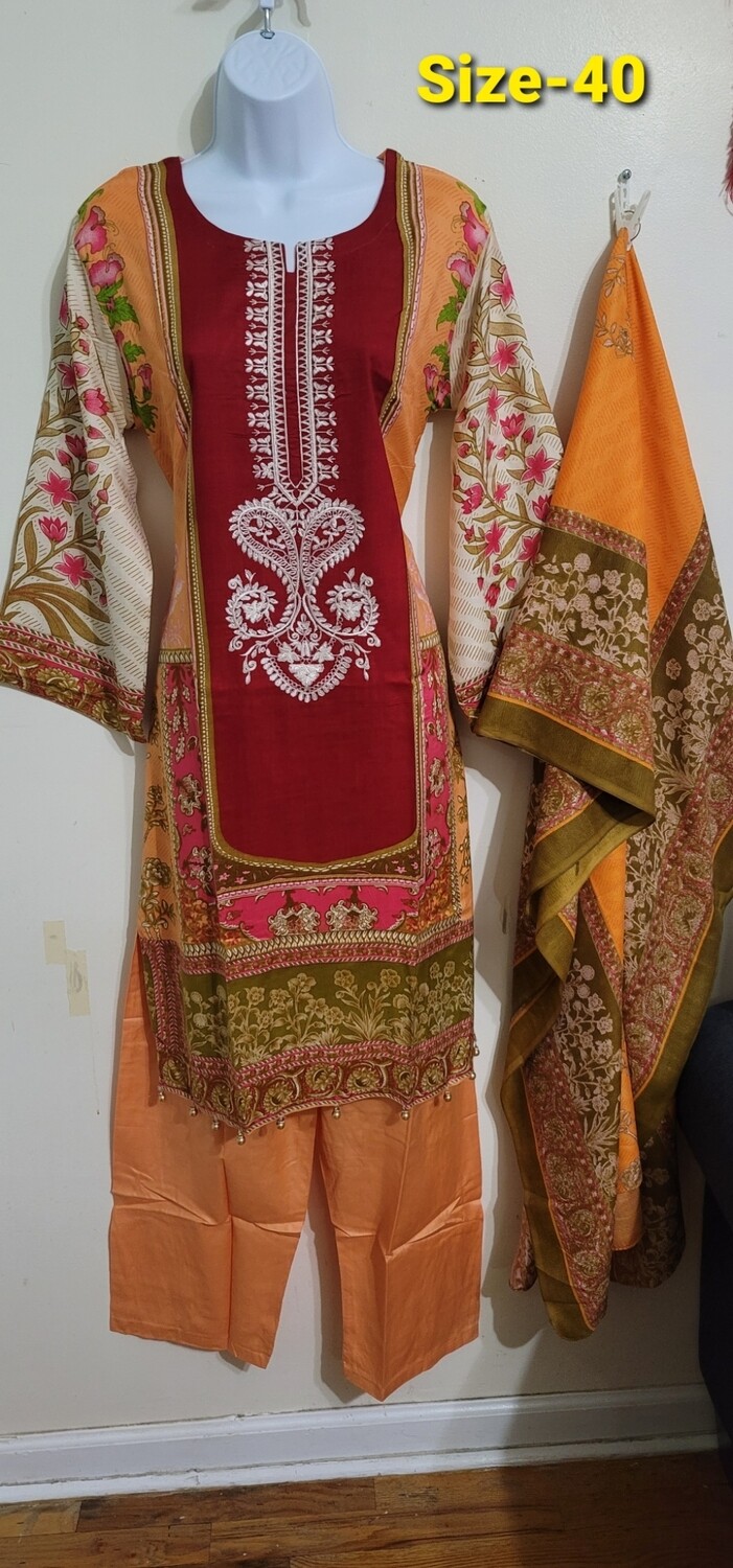 Red Pakistani Embroidered Linen Suit