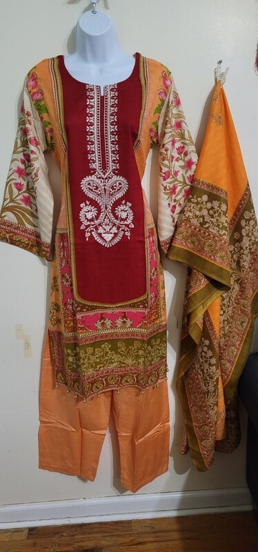 Red Pakistani Embroidered Linen Suit