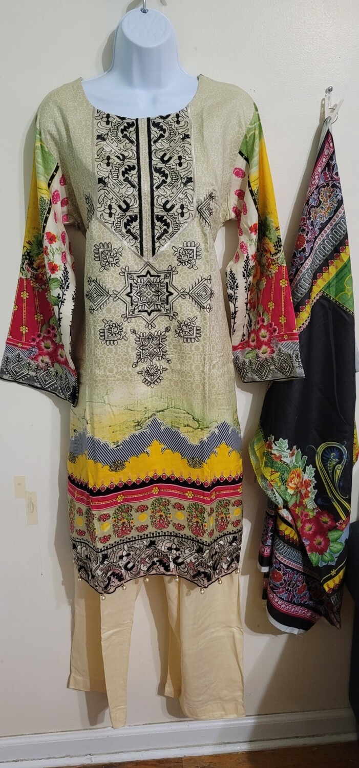 Beige Linen Pakistani Suit