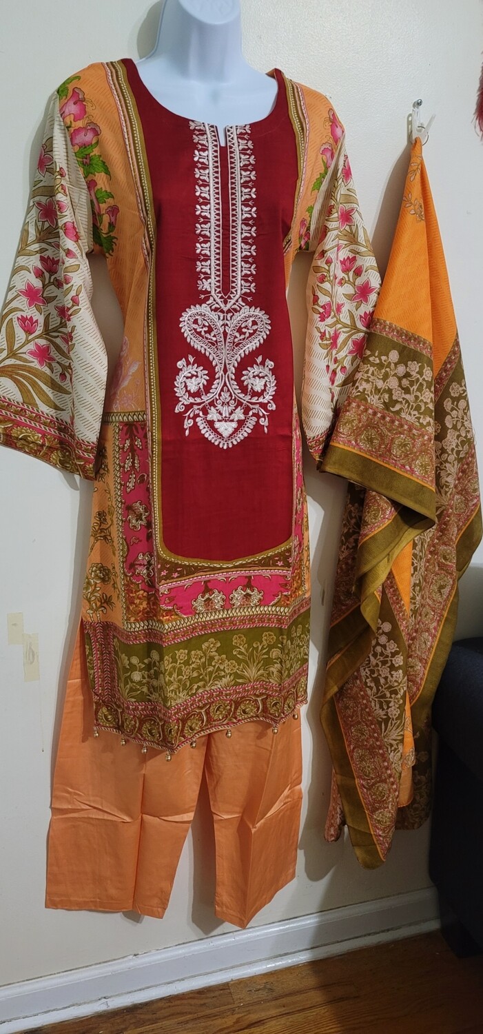 Red Pakistani Embroidered Linen Suit