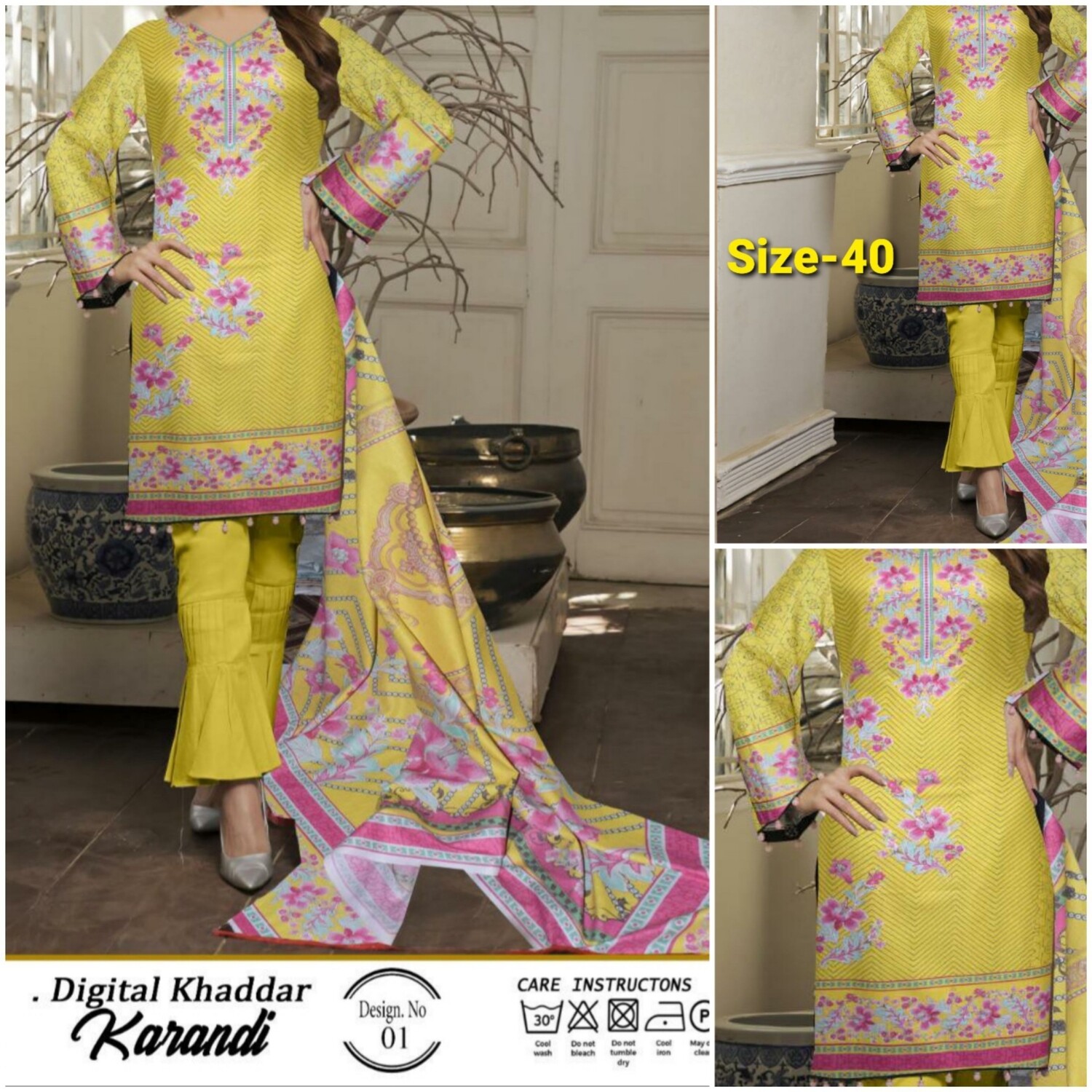 Yellow Printed Karandi Suit