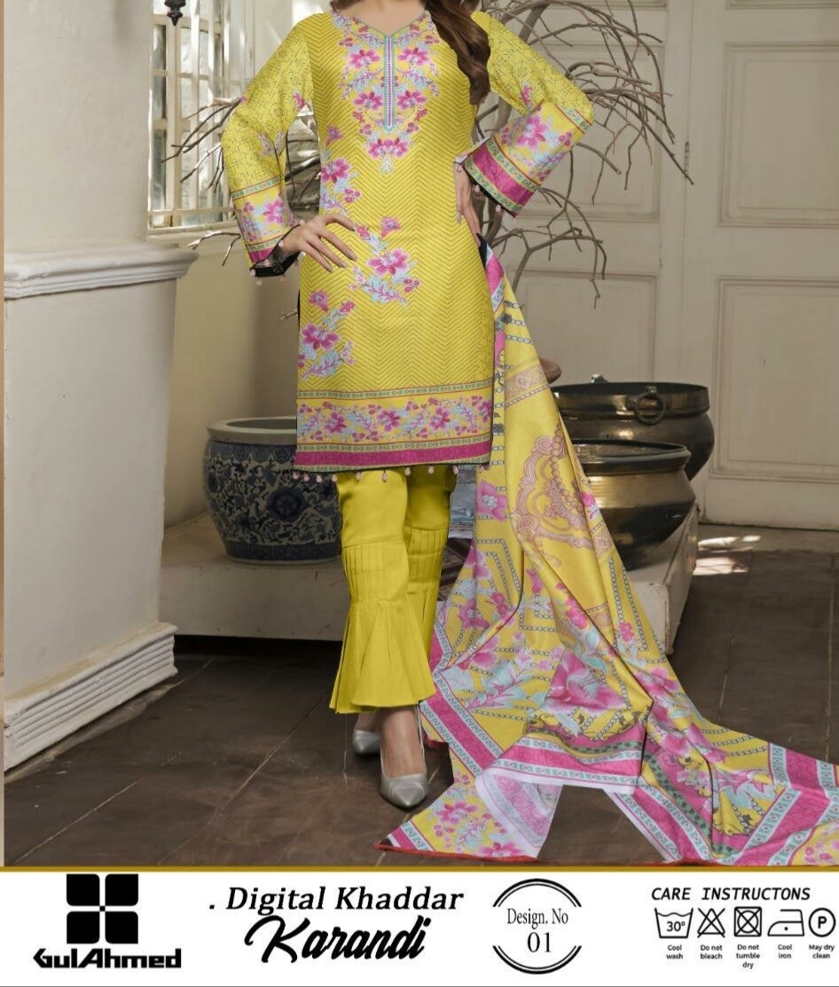 Yellow Printed Karandi Suit