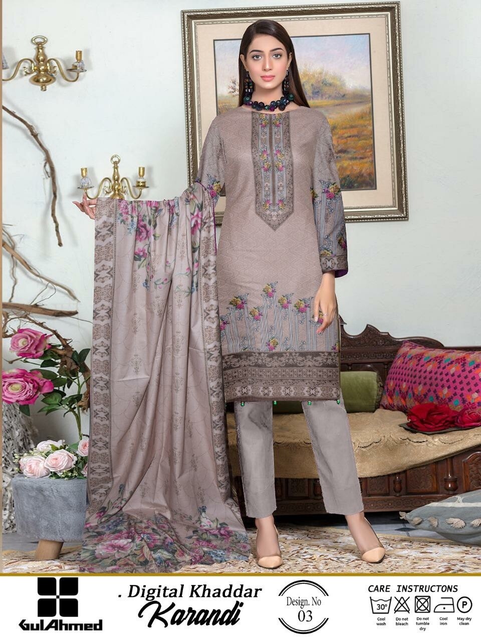 Grey Printed Karandi Suit