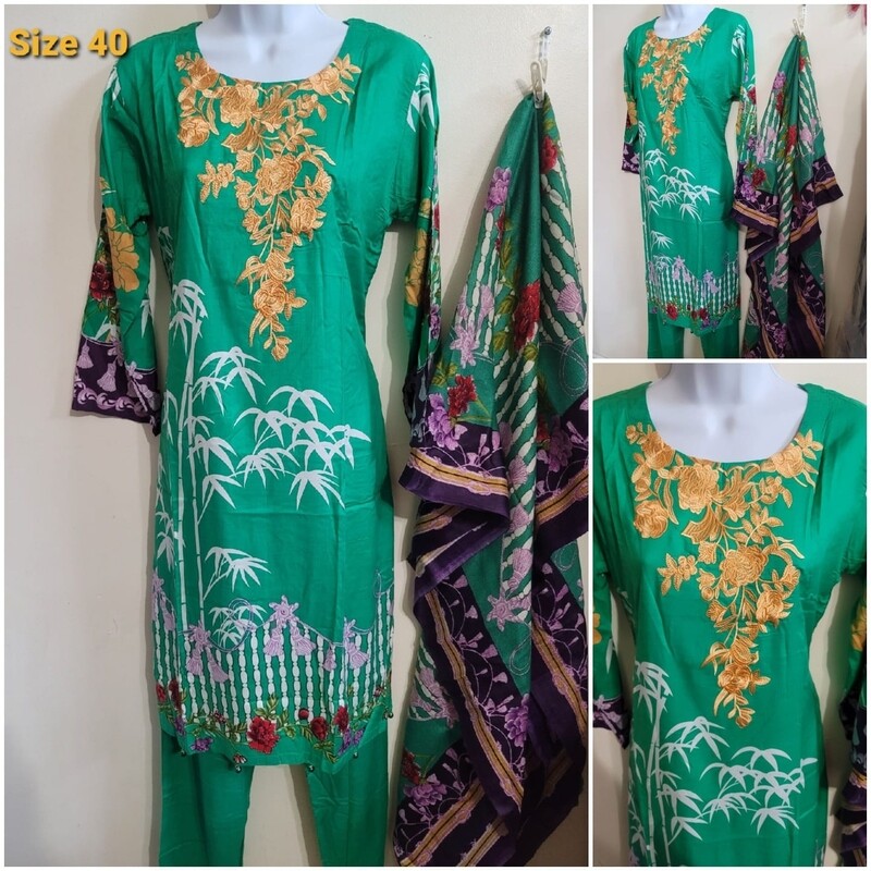 Green Pakistani Embroidered Linen Suit