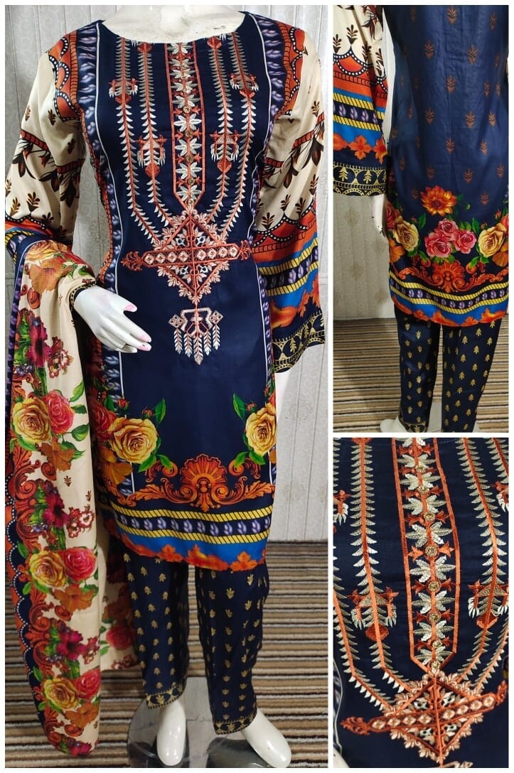 Pakistani embroidery linen suit with wool shawl 