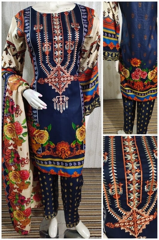 Navy Blue Pakistani Embroidered Linen Suit