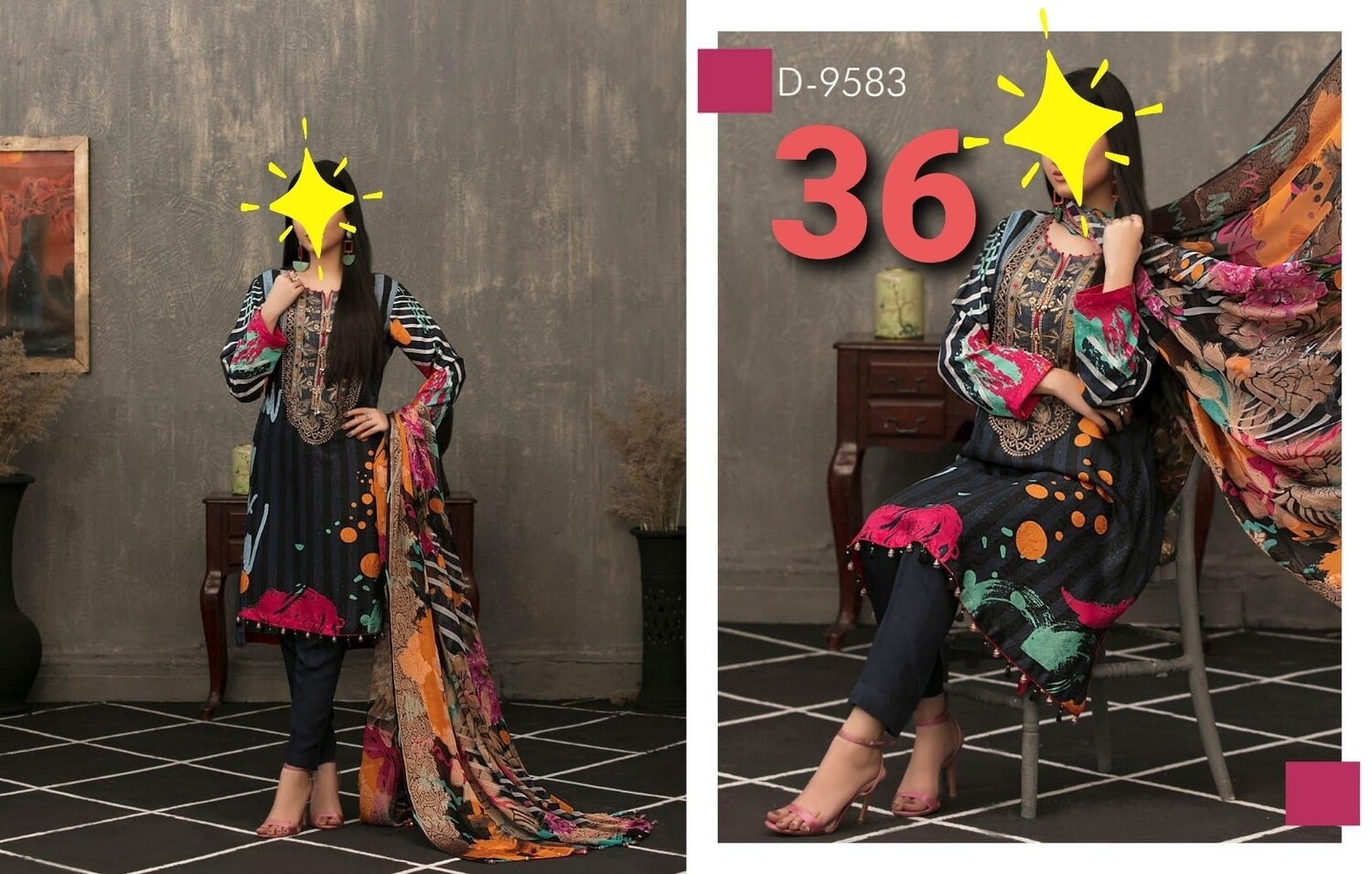 Embroidered kamiz with Chiffon Banarsi Printed Dupatta