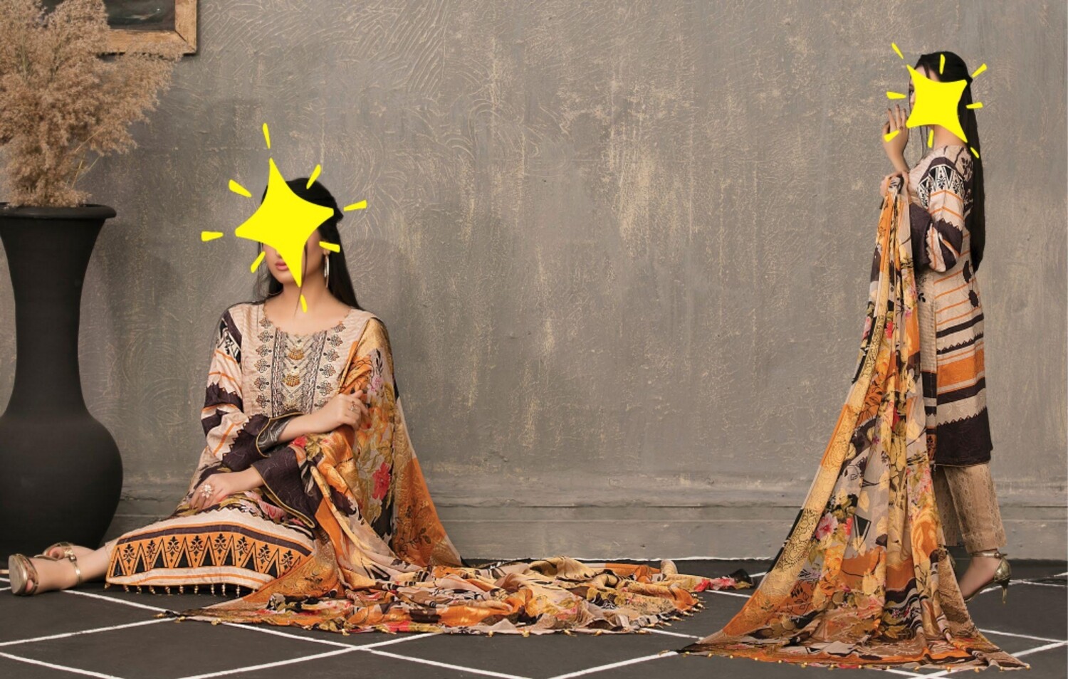 Beige Embroidered Kamiz with Chiffon Banarsi Printed Dupatta