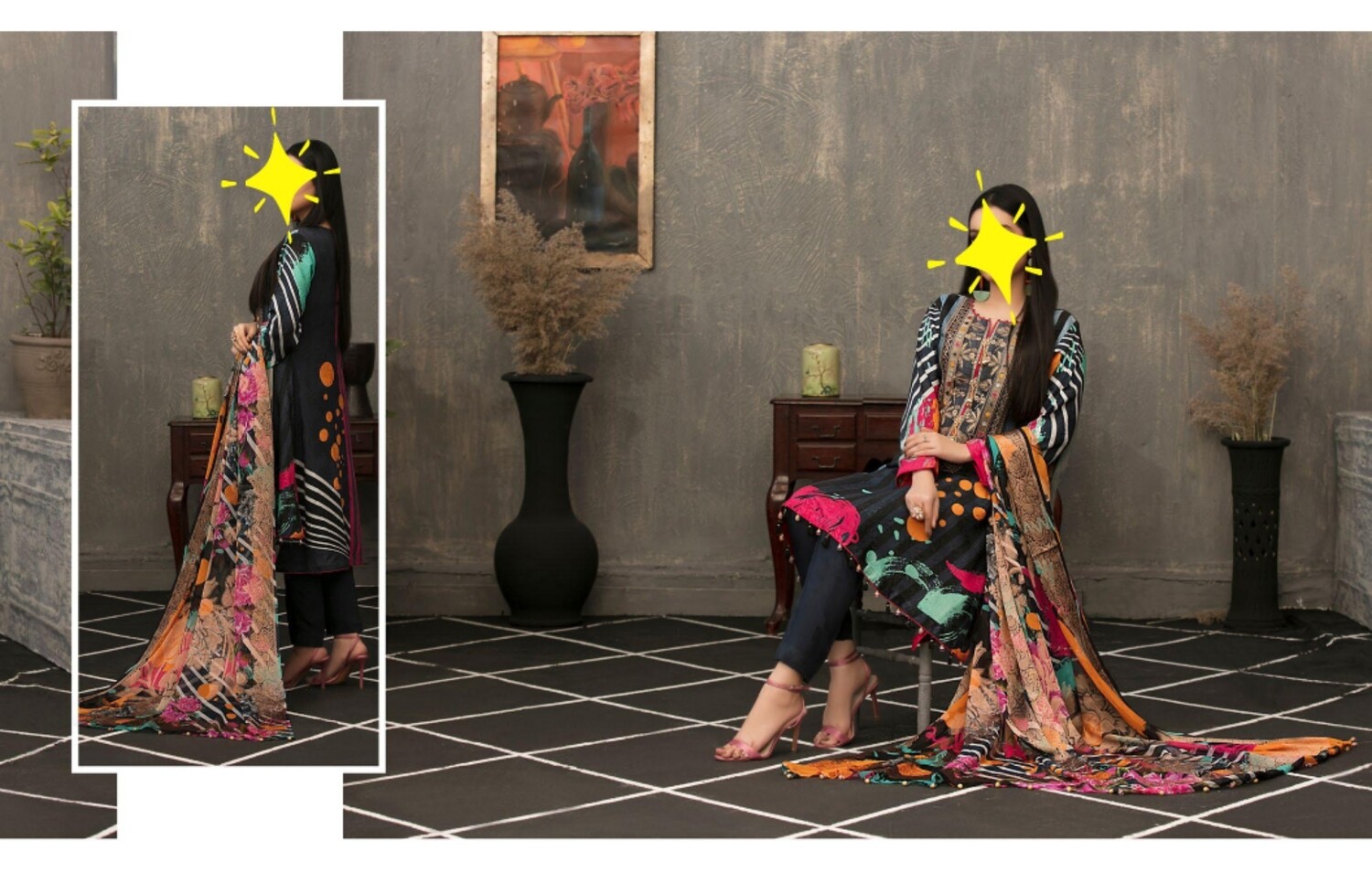 Embroidered kamiz with Chiffon Banarsi Printed Dupatta