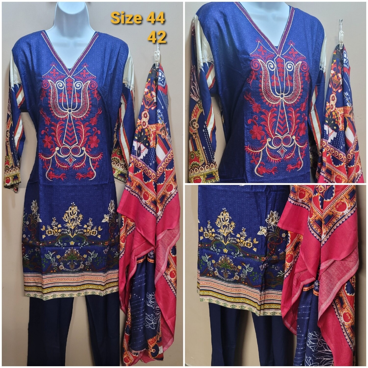 Linen embroidery suit with wool shawl dupatta