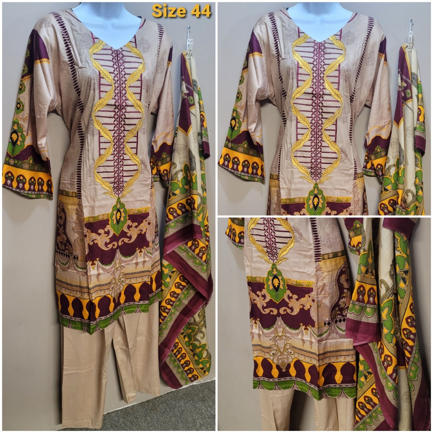 Beige Linen Embroidered Suit