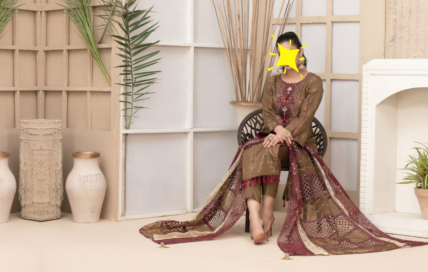 Coffee- Tawakkul Banarsi Suit with Fancy Net Dupatta