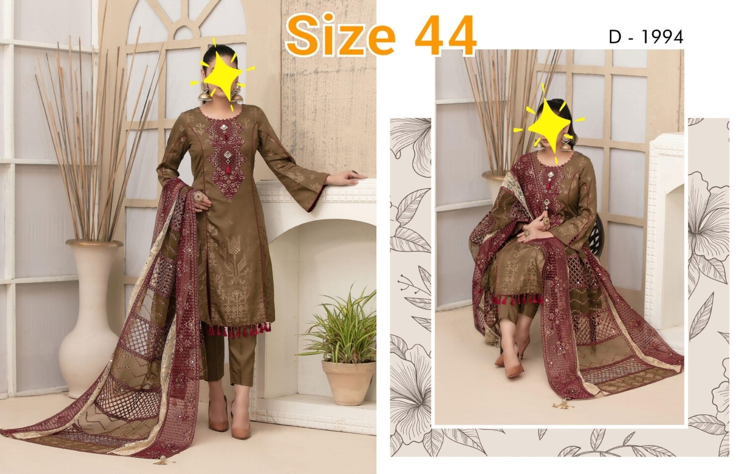 Coffee- Tawakkul Banarsi Suit with Fancy Net Dupatta