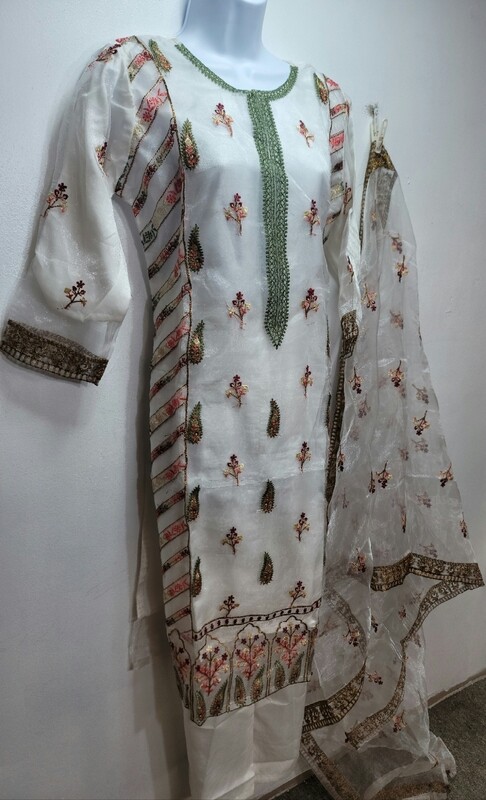 White Embroidered Organza Party Wear