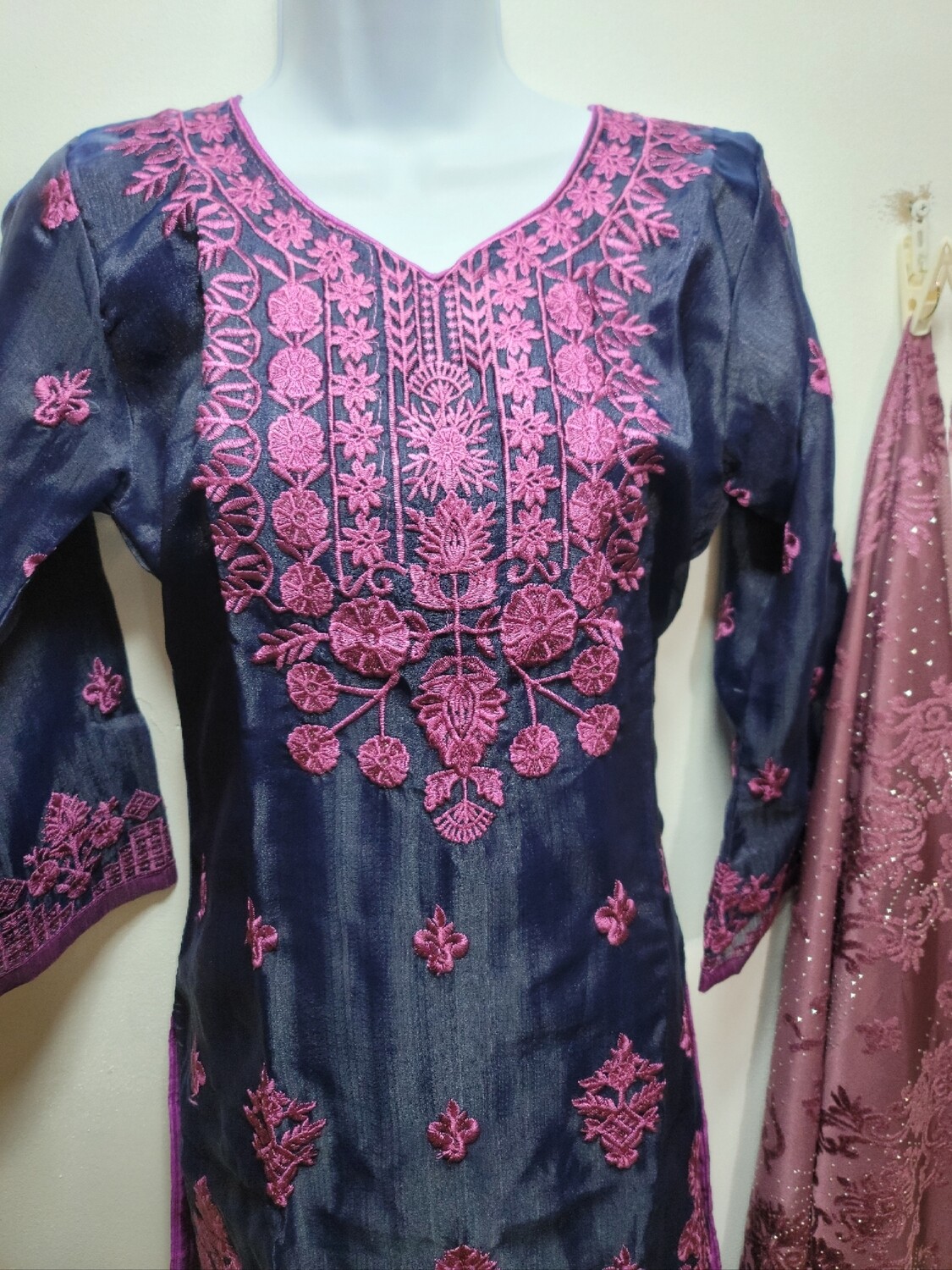 Navy Blue Embroidered Organza Party Wear