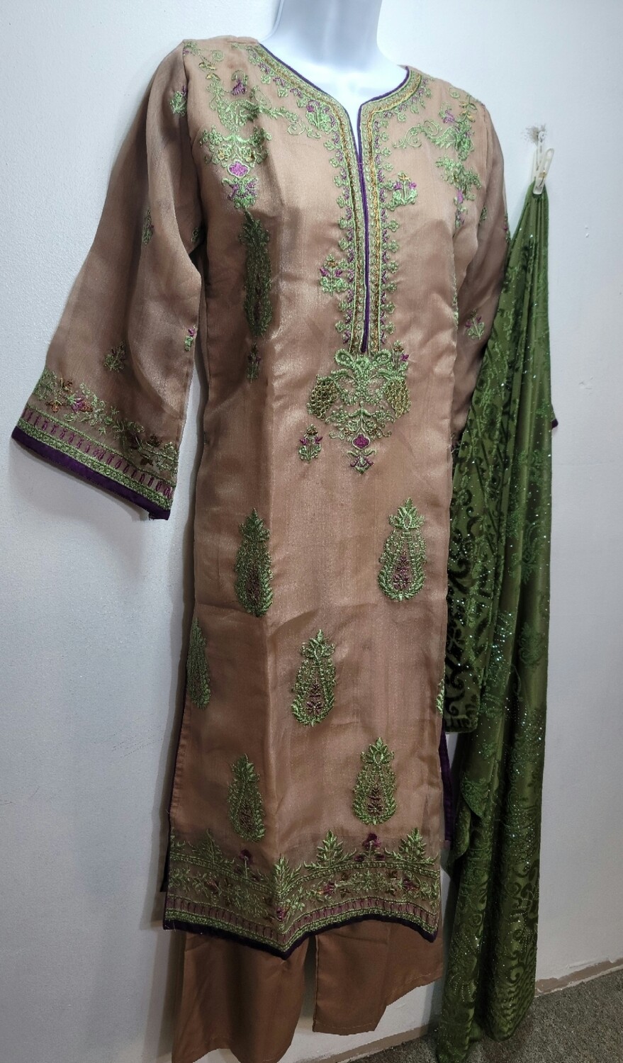 Coffee Embroidered Organza Party Wear