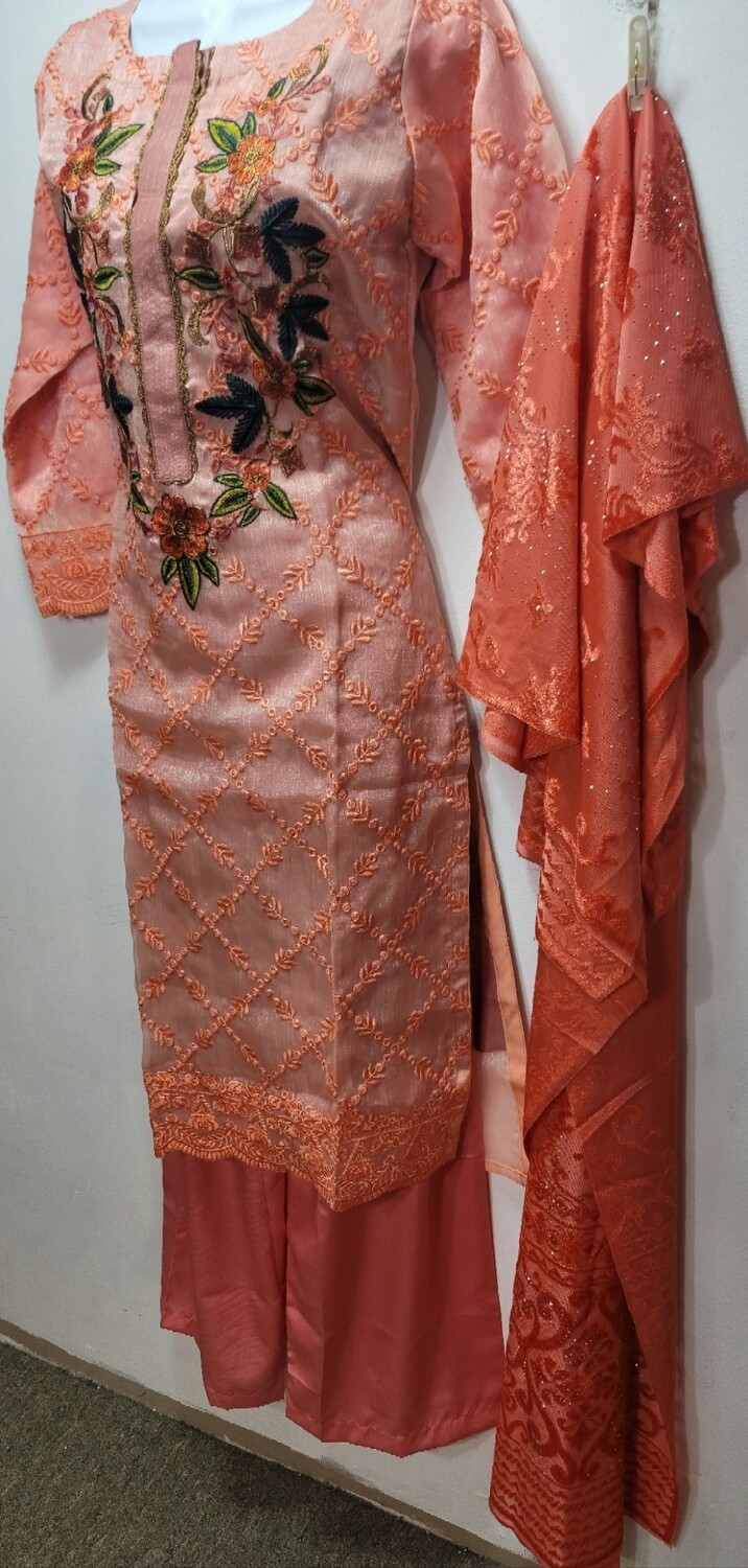 Peach Embroidered Organza Party Wear