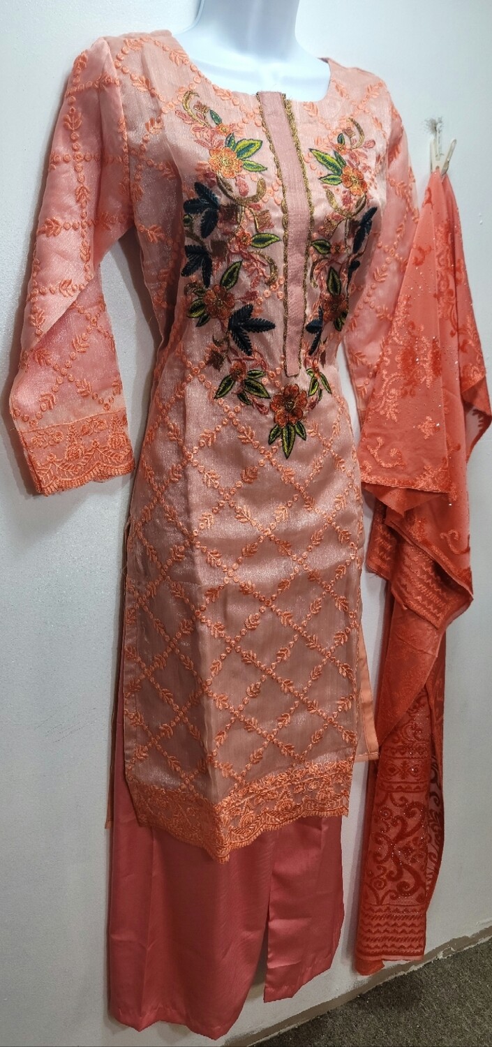 Peach Embroidered Organza Party Wear