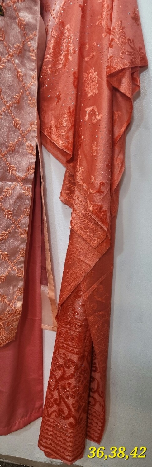 Peach Embroidered Organza Party Wear