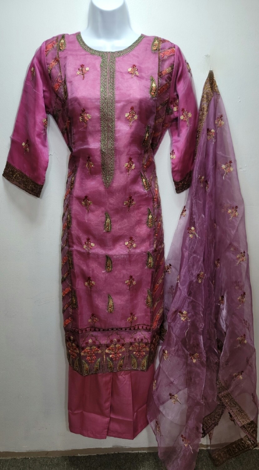 Magenta Embroidered Organza Party Wear