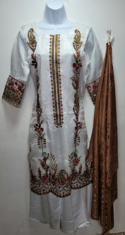 White Embroidered Organza Party Wear
